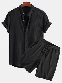 Waffel-Stehkragenhemd & Shorts mit Kordelzug aus Waffelstoff in Schwarz