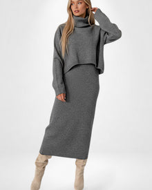 Ärmelloses Maxi Strickkleid mit Cropped Rollkragenpullover | Strickset für Damen in Grau