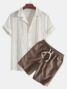 Geometrisches Jacquard Eyelet Cuban Hemd & Shorts aus Leinen-Baumwoll-Mischung in Kaffee