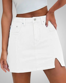 Damen Sommer Knopfleiste Mini Jeans Rock in Weiß1