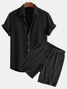 Waffel-Knopfhemd & Shorts mit Kordelzug aus Waffelstoff in Schwarz