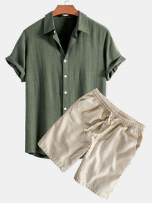 Hemd aus Leinen-Viskose-Mischung mit Knöpfen & Shorts aus Leinen-Baumwoll-Mischung mit Kordelzug in Dunkelgrün
