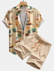 Flamingo-Lebensraum-Muster Hemd mit Knopfleiste und Shorts zum Schwimmen in Beige