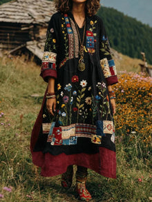 Eresha - Lässiges Langarm Kleid Mit Blumenmuster in Schwarz