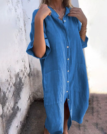 Damen Boho Hemdblusen midikleid mit Knopfleiste und lockerem Schnitt in Blau