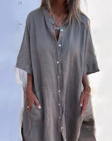 Damen Boho Hemdblusen midikleid mit Knopfleiste und lockerem Schnitt in Grau