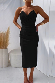 Damen Trägerloses Drapiertes Festliches Midi Kleid in Black