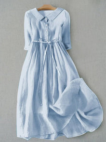 Damen Sommer Knopfleiste Leinen Midikleid in Blau