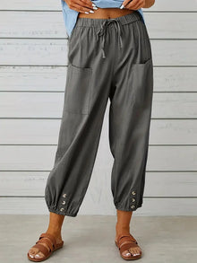 Damen Leichte Cropped Sommer Hose mit Kordelzug in Dunkelgrau