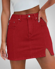 Damen Sommer Knopfleiste Mini Jeans Rock in Rot