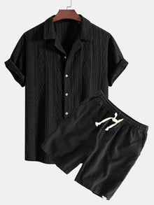 Geometrisches Jacquard Eyelet Cuban Hemd & Shorts aus Leinen-Baumwoll-Mischung in Schwarz