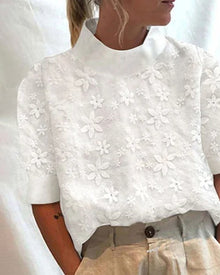 Damen Blumenmuster Sommer Bluse mit hohem Kragen in Weiß