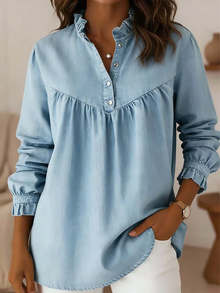 Aleska – Jeans Bluse Mit Knöpfen in Hellblau