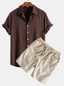 Hemd aus Leinen-Viskose-Mischung mit Knöpfen & Shorts aus Leinen-Baumwoll-Mischung mit Kordelzug in Kaffee