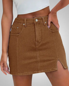Damen Sommer Knopfleiste Mini Jeans Rock in Braun