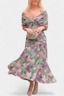 Paula – Elegantes, schulterfreies Drapierkleid für Damen in Grün und Lila
