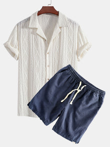 Geometrisches Jacquard Eyelet Cuban Hemd & Shorts aus Leinen-Baumwoll-Mischung in Marineblau