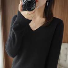 Damen V Ausschnitt Rippbündchen Strickpullover in Schwarz