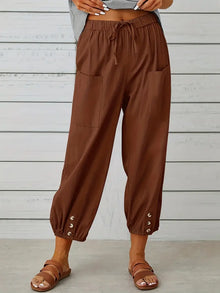 Damen Leichte Cropped Sommer Hose mit Kordelzug in Braun