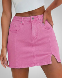 Damen Sommer Knopfleiste Mini Jeans Rock in Rosa