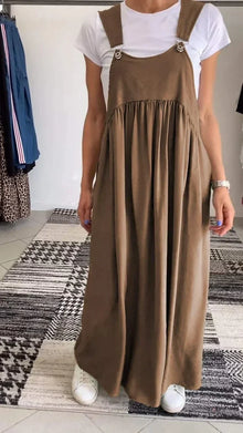 Regla - Lockeres Kleid Aus Baumwolle Und Leinen Mit Hosenträgern in Khaki