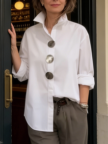 Shalani - Elegante Bluse Aus Leinen Und Baumwolle Mit Metallknöpfen in Weiß