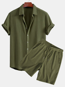 Waffel-Knopfhemd & Shorts mit Kordelzug aus Waffelstoff in Dunkelgrün