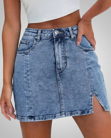 Damen Sommer Knopfleiste Mini Jeans Rock in Blau
