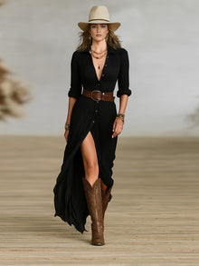 Franziska – Langes Damen-Kleid mit Knopfleiste und Gürtel in Schwarz