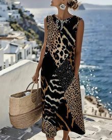 Eufrozina – Patchwork-Kleid Mit Leoparden Muster in Braun