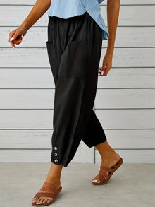 Damen Leichte Cropped Sommer Hose mit Kordelzug in Schwarz