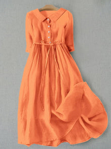 Damen Sommer Knopfleiste Leinen Midikleid in Orange