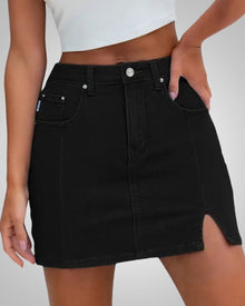 Damen Sommer Knopfleiste Mini Jeans Rock in Schwarz1