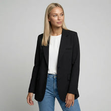 Langer Blazer für Damen mit zwei Knöpfen und Klappentaschen in einfarbigem Design in Schwarz