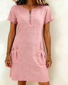 Krystan – Kurzärmeliges Utility Kleid Mit Reißverschluss Vorne in Rosa