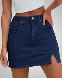 Damen Sommer Knopfleiste Mini Jeans Rock in Marineblau