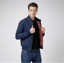 Blouson Jacke für Herren mit Stehkragen und kariertem Innenfutter in Marineblau
