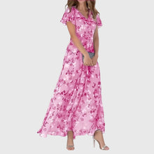Damen V-Ausschnitt Blumenmuster Sommer Midikleid in Rosa