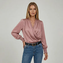 Damen Bluse mit Drapiertem V Ausschnitt und Elastischen Manschetten in Rosa