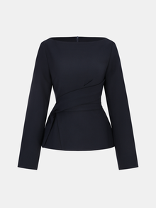 Belinda – Asymmetrische Bluse mit langen Ärmeln in Marineblau