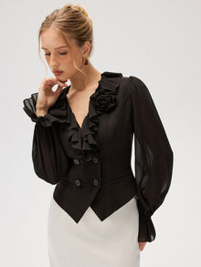Kaya – Bluse aus Chiffon mit Rüschen und doppelter Knopfleiste in Schwarz