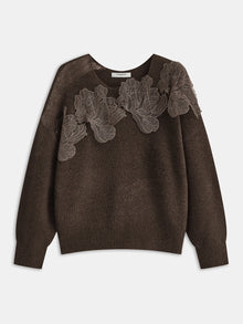 Erika – Pullover aus floraler Spitze, halbtransparent, mit Rundhalsausschnitt in Dunkelbraun