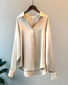 Damen Kragen Knopfleiste Satin Bluse in Beige