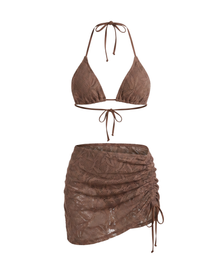 Bikini Damen | 3-teiliges Set mit Triangel-Top & Wickelrock in Dunkelbraun