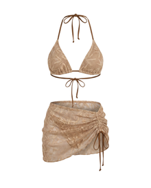 Bikini Damen | 3-teiliges Set mit Triangel-Top & Wickelrock in Hellbraun