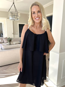 Damen Spaghettiträger Rüschen Sommer Midikleid in Schwarz