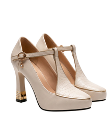 Blockabsatz Pumps Damen | T-Riemen & Croco-Design in Weiß