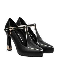 Blockabsatz Pumps Damen | T-Riemen & Croco-Design in Schwarz