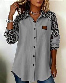 Bluse Damen mit Leopardenmuster | Knopfleiste & Ripp-Struktur in Grau