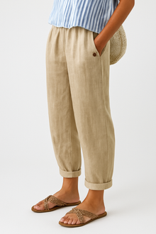Damen Umschlag Saum Sommer Leinen Hosen in Beige
